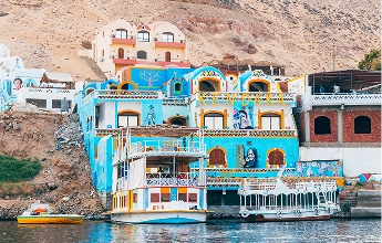 Colorful Nubian houses along the Nile at Aswan