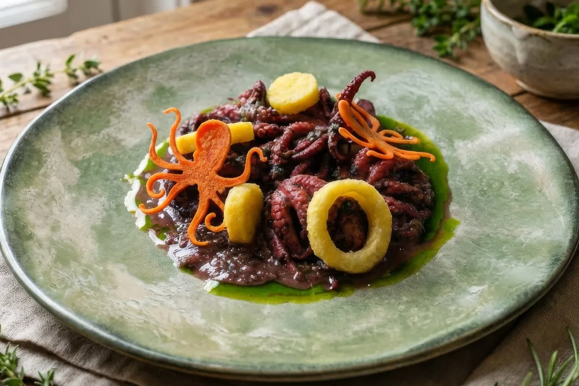 Octopus dish with crispy calamari and herb oil at Dario's Osteria, Karma Bavaria