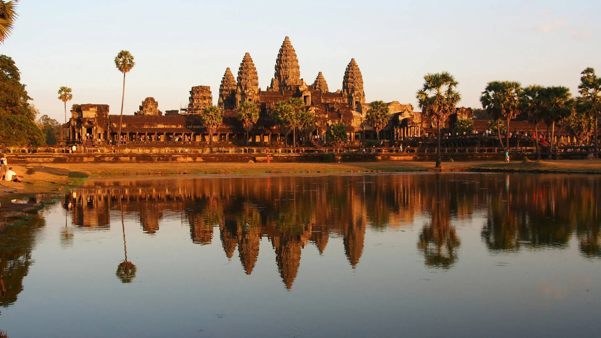 Angkor Wat temple at sunset near Karma Bayon